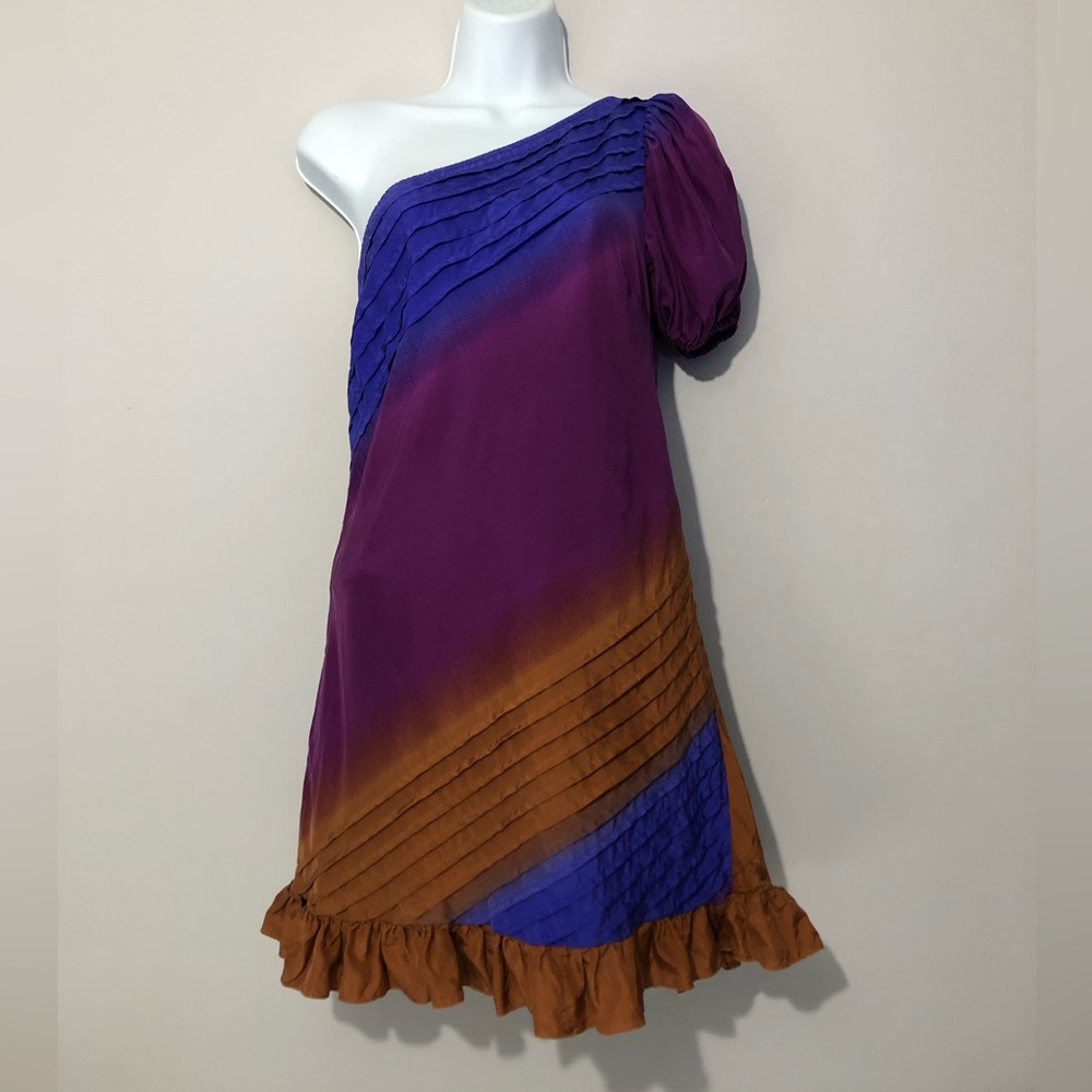 Plenty by Tracy Reese Fairy Dress 100% Silk One-Shoulder Purple Brown Women’s 2